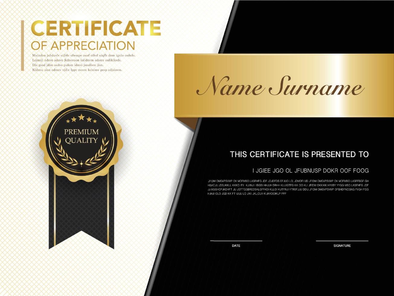 plantilla de certificado de diploma color negro y dorado con imagen vectorial de lujo y estilo moderno vector