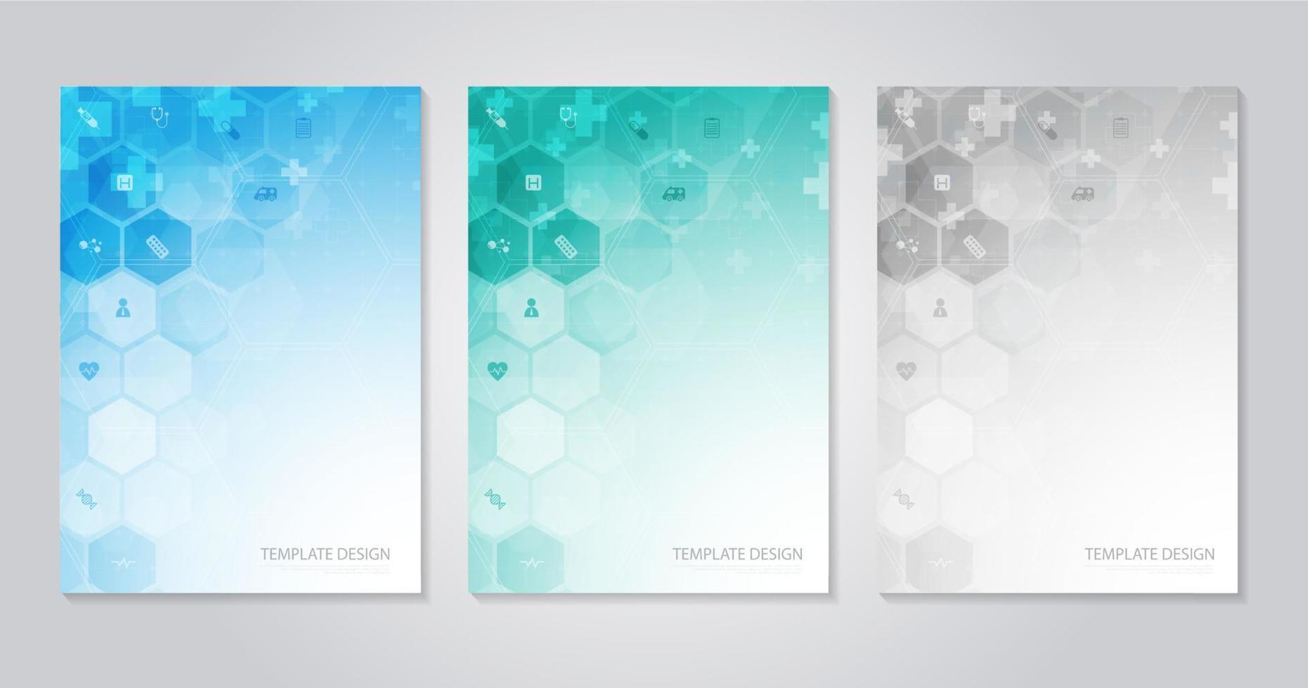 folleto de plantilla o libro de portada, diseño de página, diseño de volante. concepto e idea para el cuidado de la salud, tecnología. ciencia icono patrón concepto de innovación médica. diseño vectorial vector