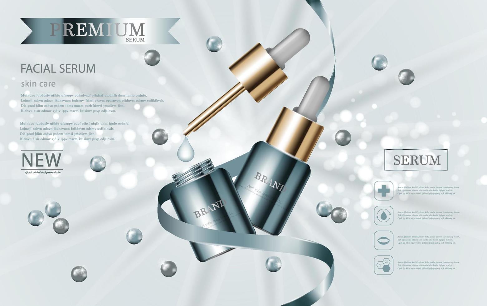 Hydrating facial serum for annual sale or festival sale. blue and gold serum mask bottle isolated on glitter particles background. Graceful cosmetic ads, illustration vector
