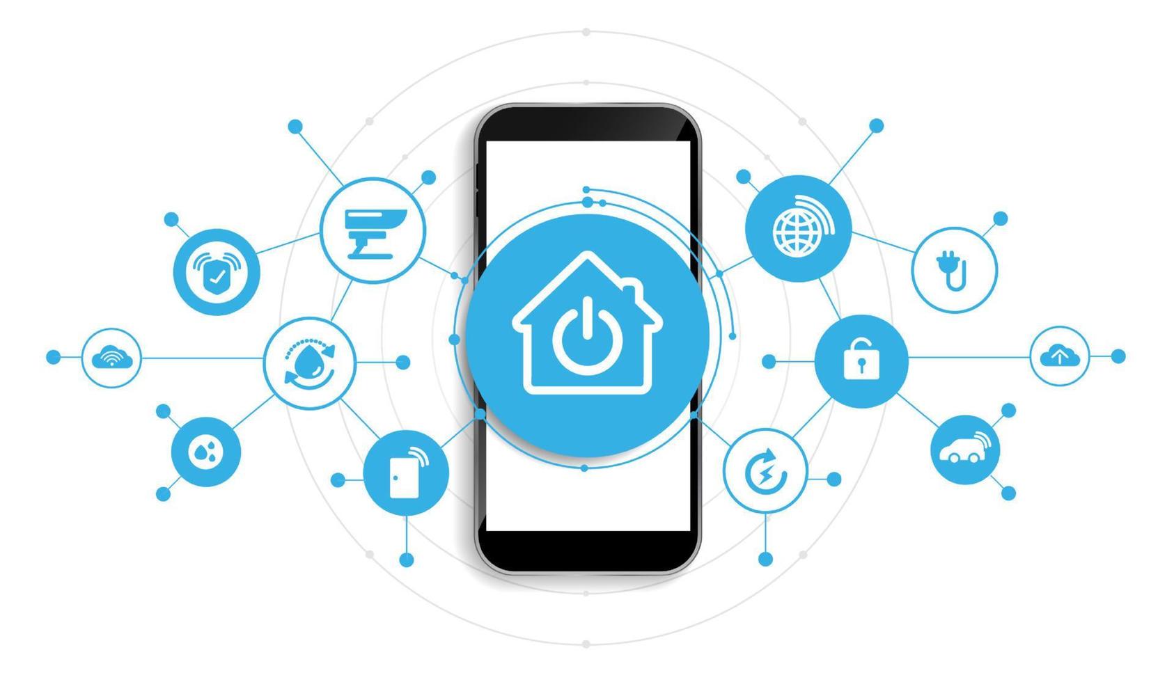 Smart home with smartphone interface icons in room interior. Concept control and modern technology on a virtual screen, user touching a button. vector design