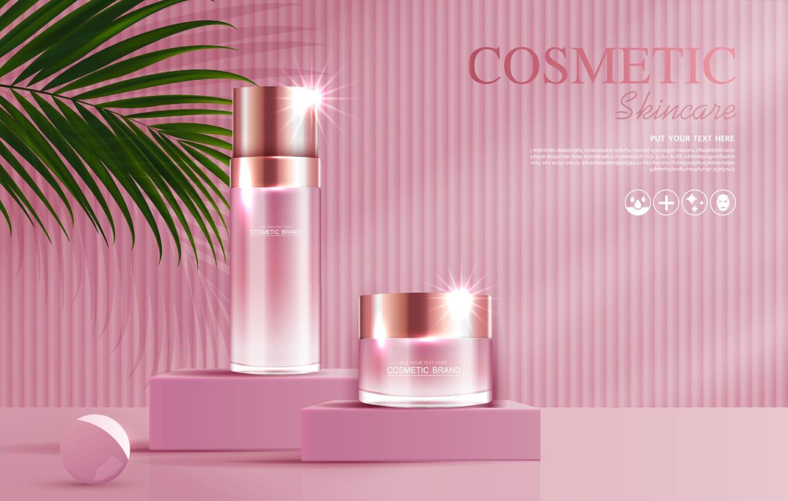 anuncios de cosméticos o productos para el cuidado de la piel con botella, anuncio de pancarta para productos de belleza, efecto de luz brillante de fondo rosa y hoja. diseño vectorial vector