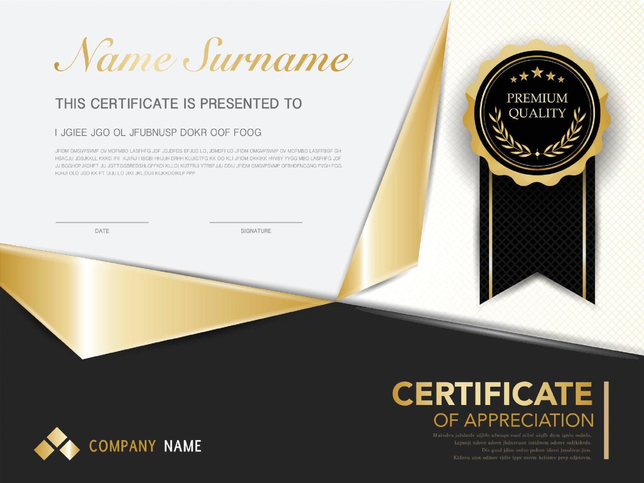 plantilla de certificado de diploma color negro y dorado con imagen vectorial de lujo y estilo moderno vector