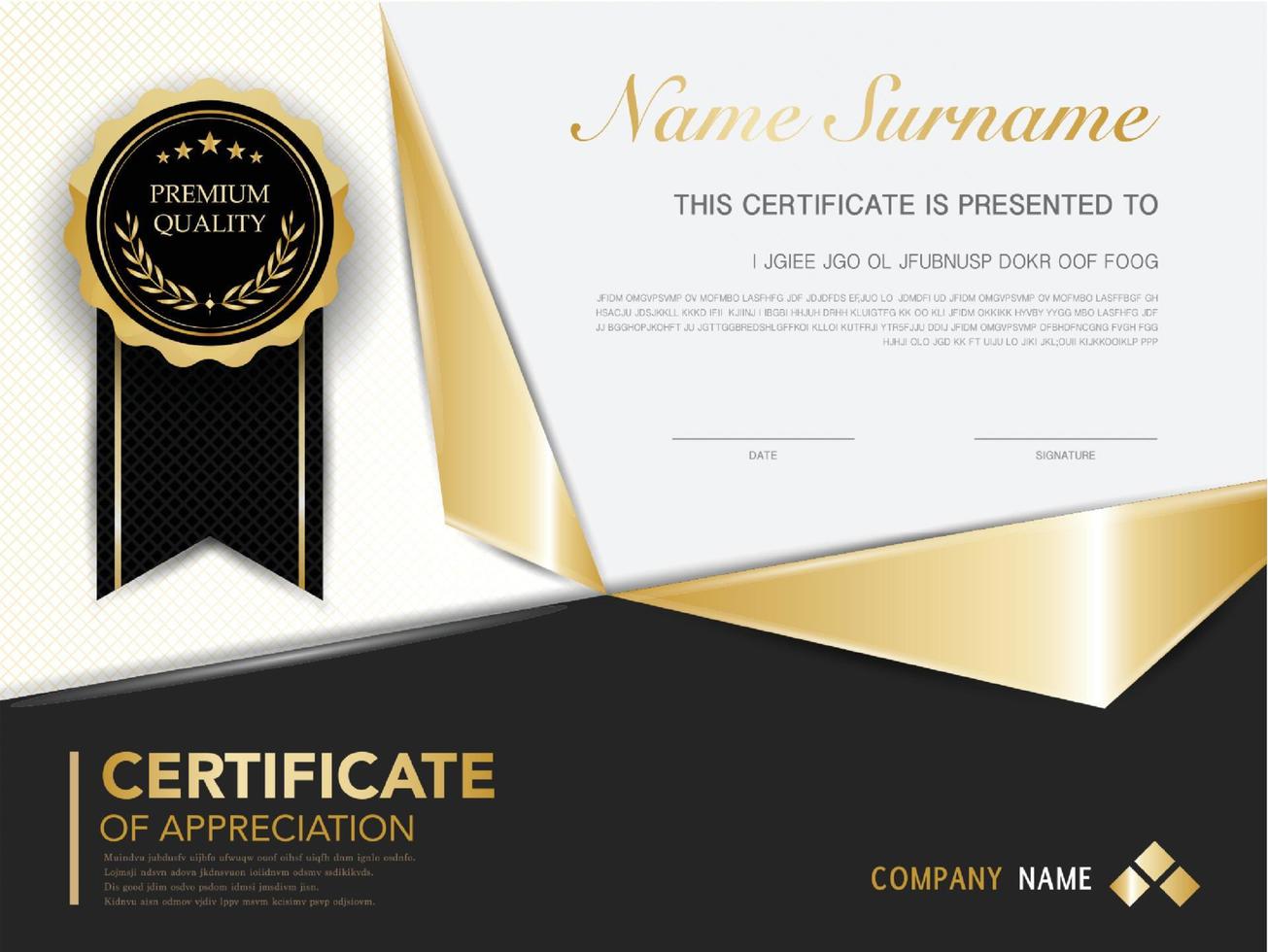 plantilla de certificado de diploma color negro y dorado con imagen vectorial de lujo y estilo moderno vector