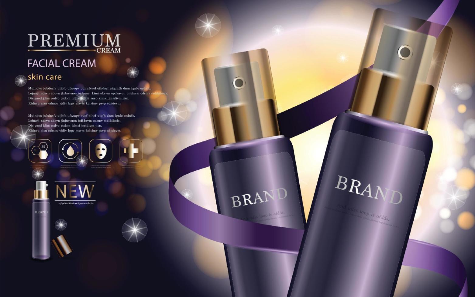 Hydrating facial cream for annual sale or festival sale. gold cream mask bottle isolated on glitter particles background. Graceful cosmetic ads, illustration vector