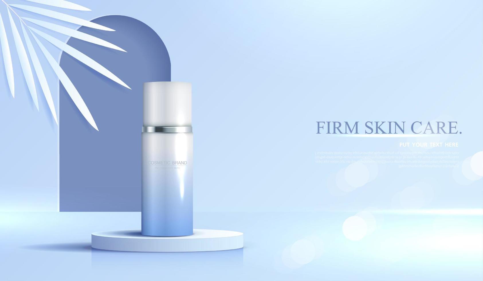 anuncios de cosméticos o productos para el cuidado de la piel con botella, anuncio de banner para productos de belleza, efecto de luz brillante de fondo azul y hoja. diseño vectorial vector