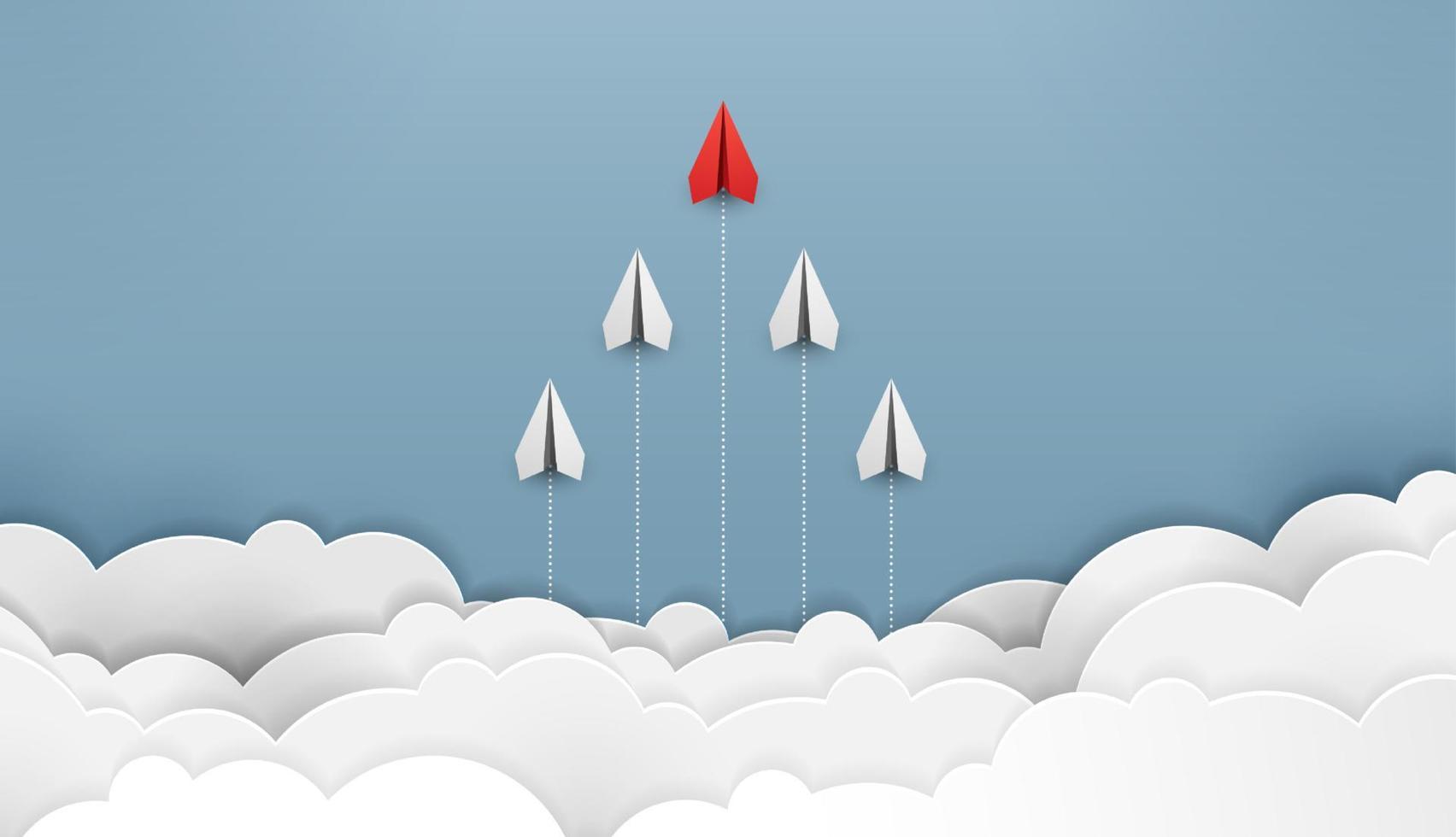 Paper plane are competition to destination up to the clouds and sky go to success goal. financial concept. leadership. creative idea. nature landscape and concept of business by paper art. vector