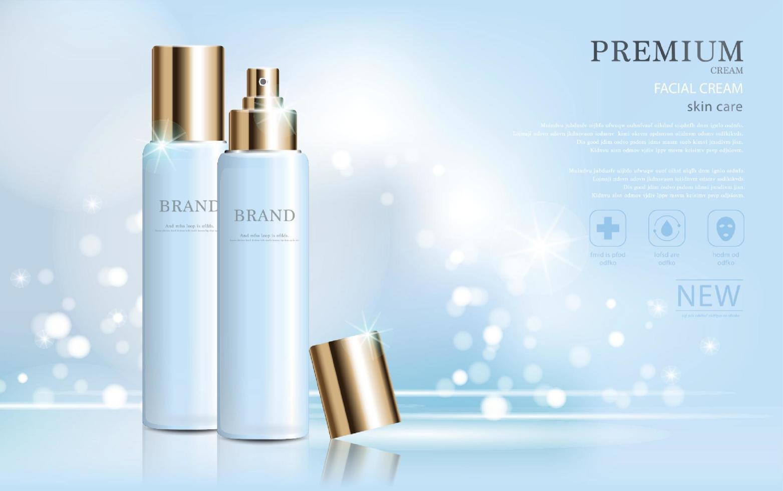 Hydrating facial cream for annual sale or festival sale. gold cream mask bottle isolated on glitter particles background. Graceful cosmetic ads, illustration vector