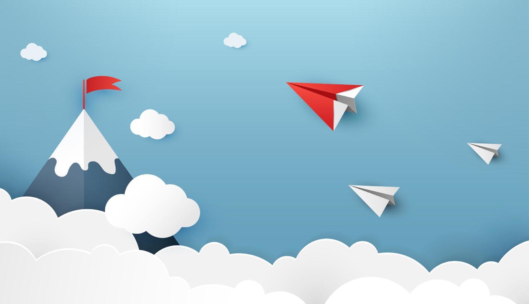 Paper plane are competition to destination up to the clouds and sky go to success goal. financial concept. leadership. creative idea. nature landscape and concept of business by paper art. vector