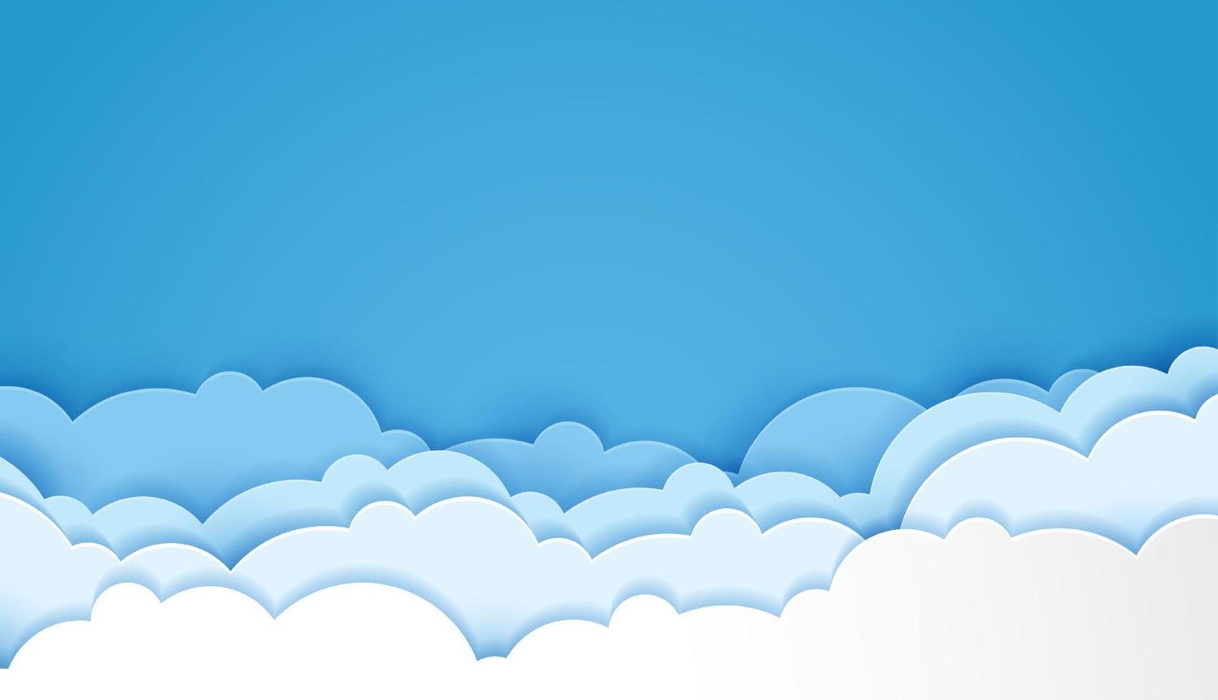 Beautiful fluffy blue clouds paper cut art style.  Place for text. vector design