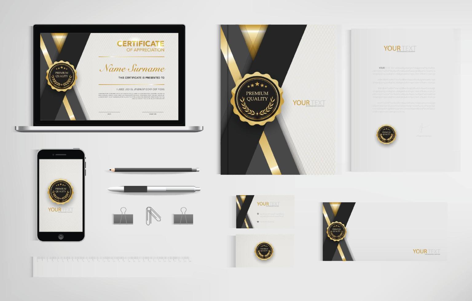 Set of office documents for business, Include laptop, tablet, smartphone, pen, pencils, paperclip, business cards, envelope, document file, certificate, vector Illustration