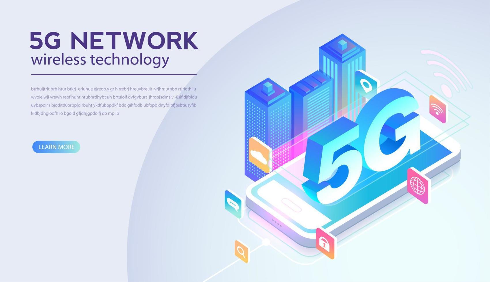 Ilustración de vector de tecnología inalámbrica de red 5g. Internet móvil de alta velocidad de última generación. utilizando modernos dispositivos digitales. plantilla de diseño de página web.