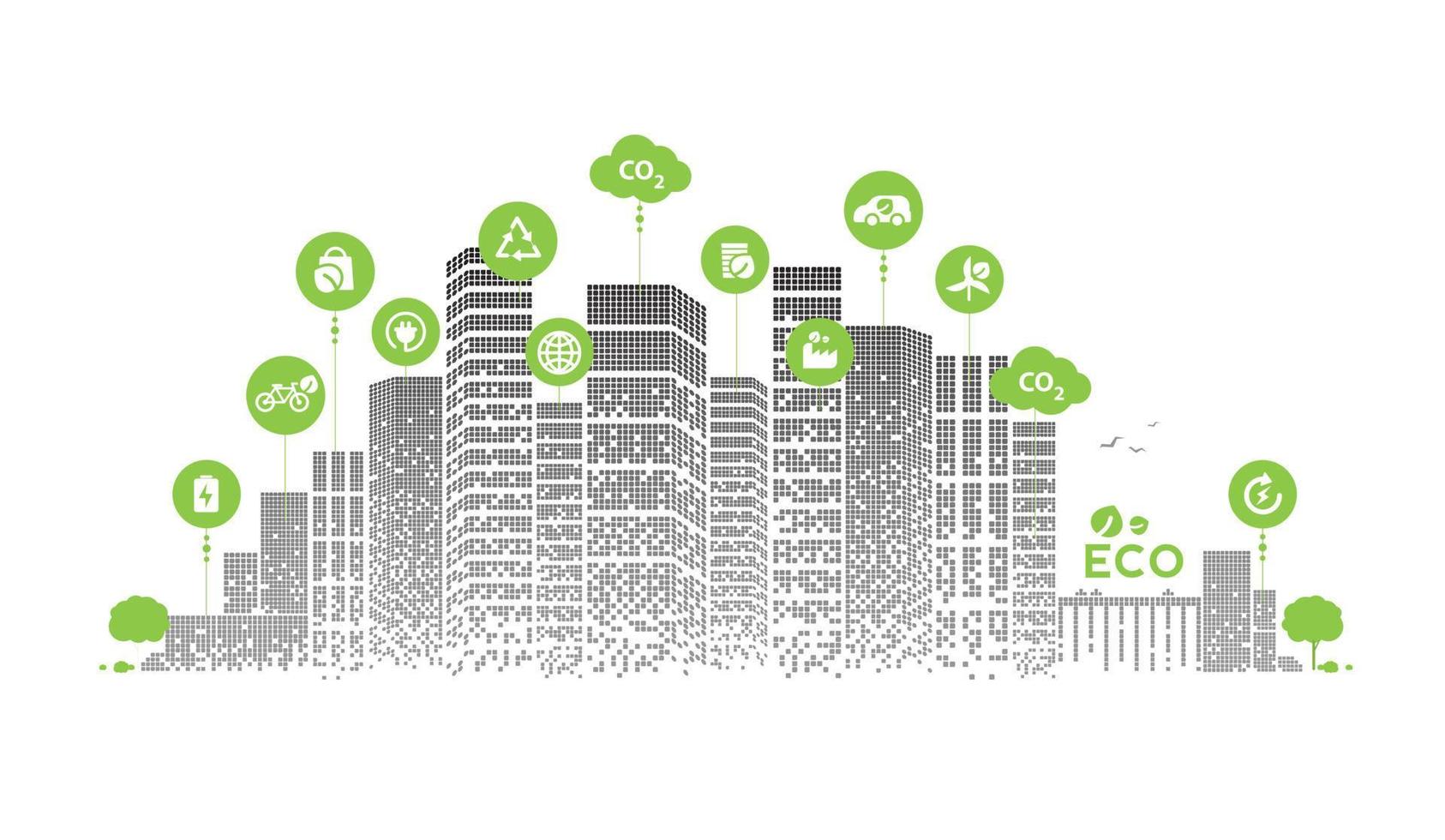 tecnología ecológica o concepto ambiental ciudad verde moderna. estilo de vida urbano ecológico con iconos a través de la conexión de red. diseño vectorial vector