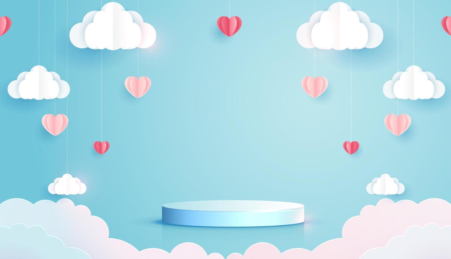 arte de papel del amor y el día de san valentín con corazón de papel y nubes flotando en el cielo azul. pantalla de podio para presentación de productos, marca y embalaje. escenario de estudio. diseño vectorial vector