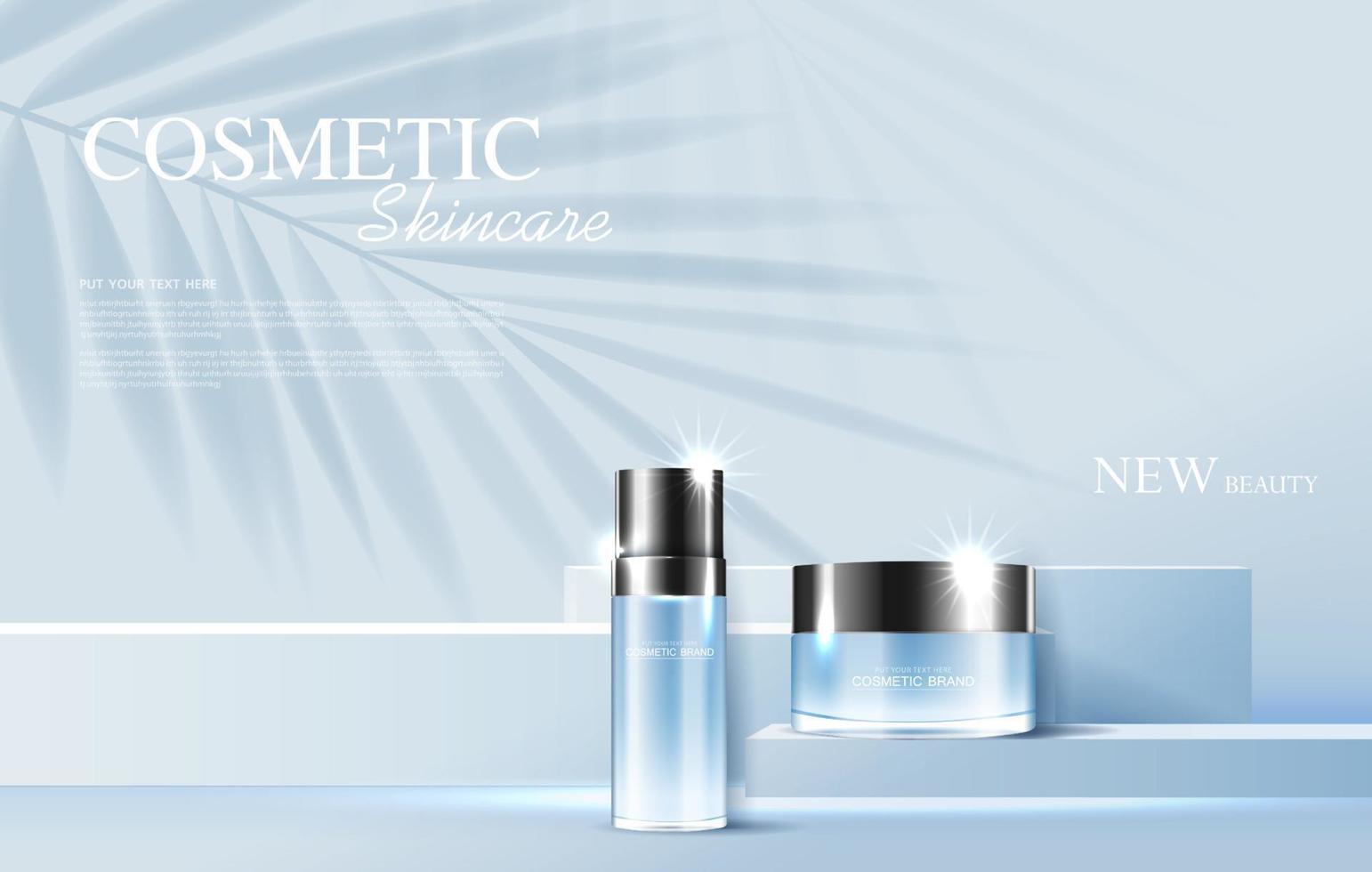 Cosmetics or skin care product ads with bottle, banner ad for beauty products and leaf background glittering light effect. vector design