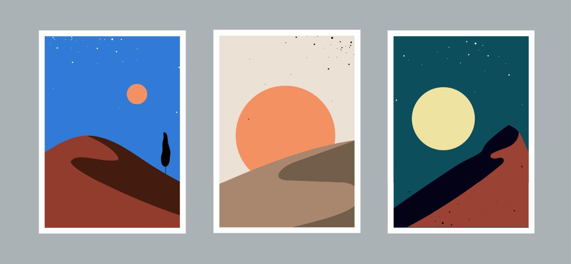 Set of modern minimal abstract landscapes aesthetic. bohemian style wall decor. sun and mountains for wall decoration, postcard, banner or brochure cover. Vector design