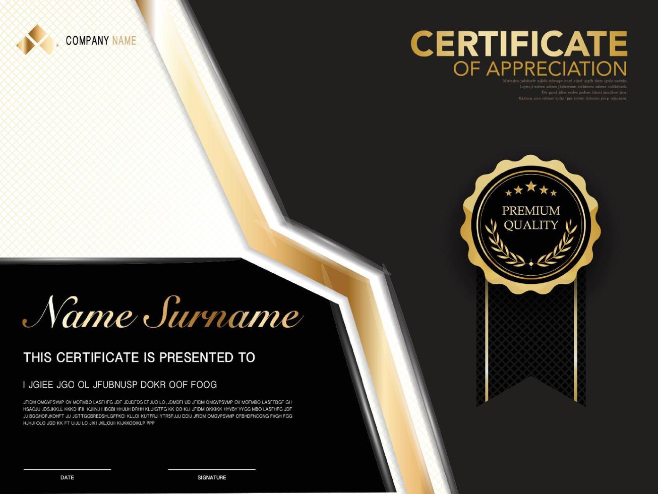 plantilla de certificado de diploma color negro y dorado con imagen vectorial de lujo y estilo moderno vector