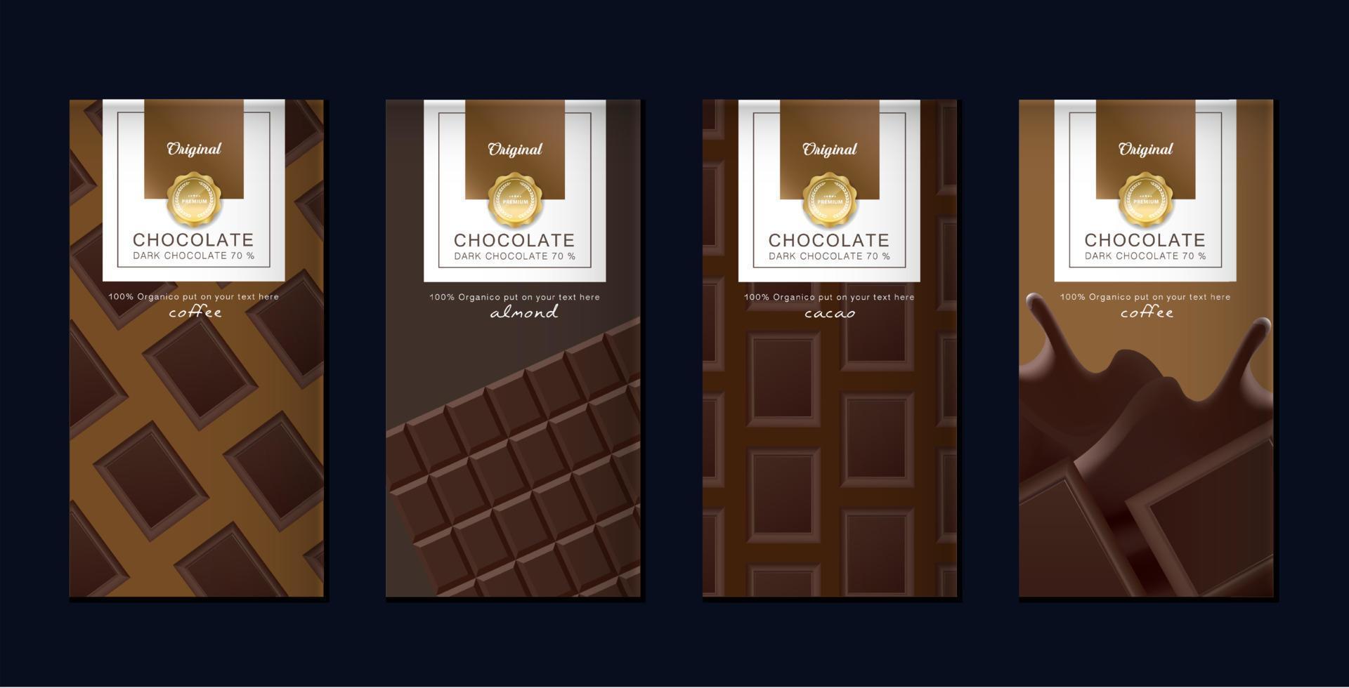 Chocolate bar packaging set. Trendy luxury product branding template with label pattern for packaging. Vector design.