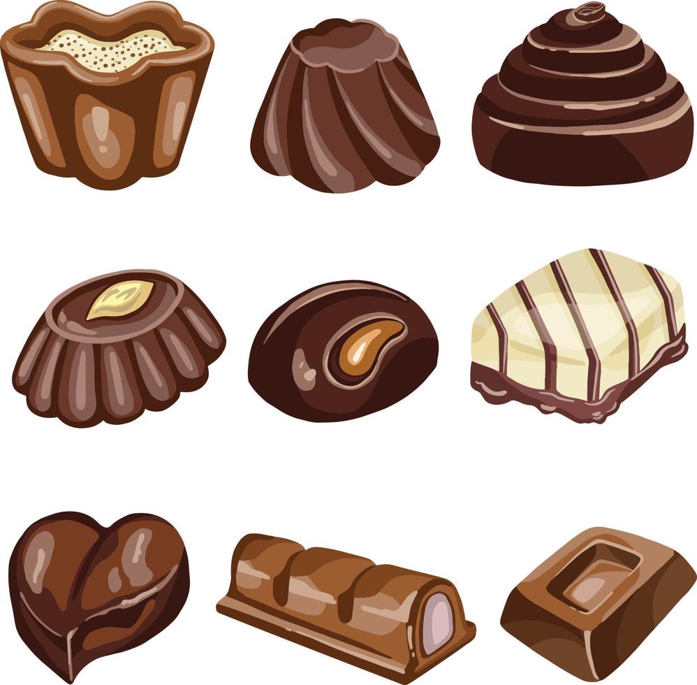 amplia selección de dulces de chocolate de varias formas con diferentes rellenos y coberturas. imágenes aisladas. vector