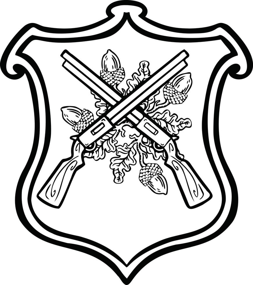 black and white linear sign, designation coat of arms of hunters shooters, hand drawn illustration vector