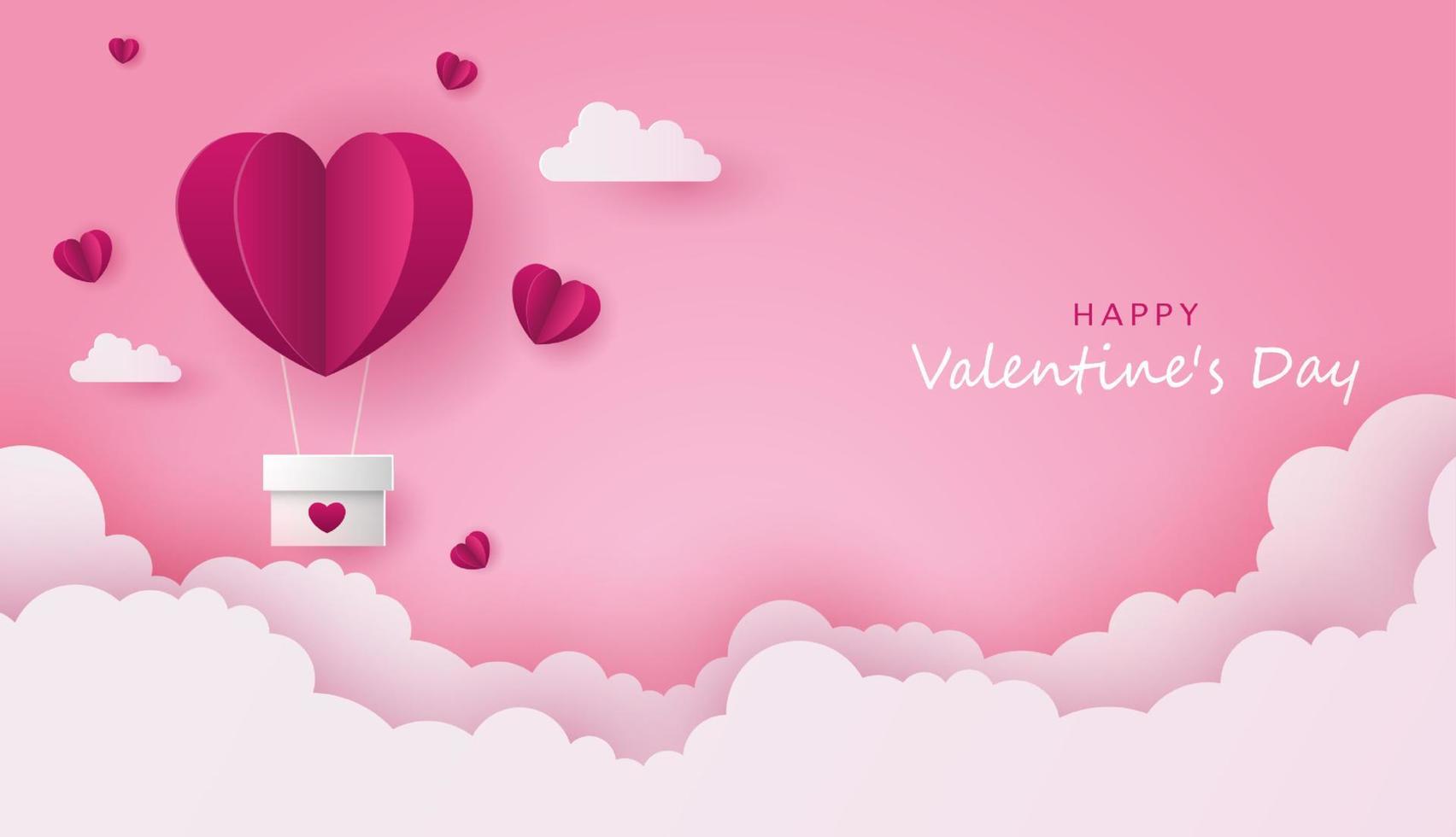 arte de papel del amor y el día de san valentín con globo de corazón de papel y caja de regalo flotando en el cielo azul. se puede utilizar para papel tapiz, invitación, afiches, pancartas. diseño vectorial vector