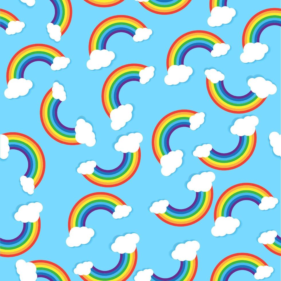 patrón vectorial sin costuras con arco iris y nubes sobre fondo azul para el envoltorio de ropa de papel tapiz textil de tela. diseño vectorial vector