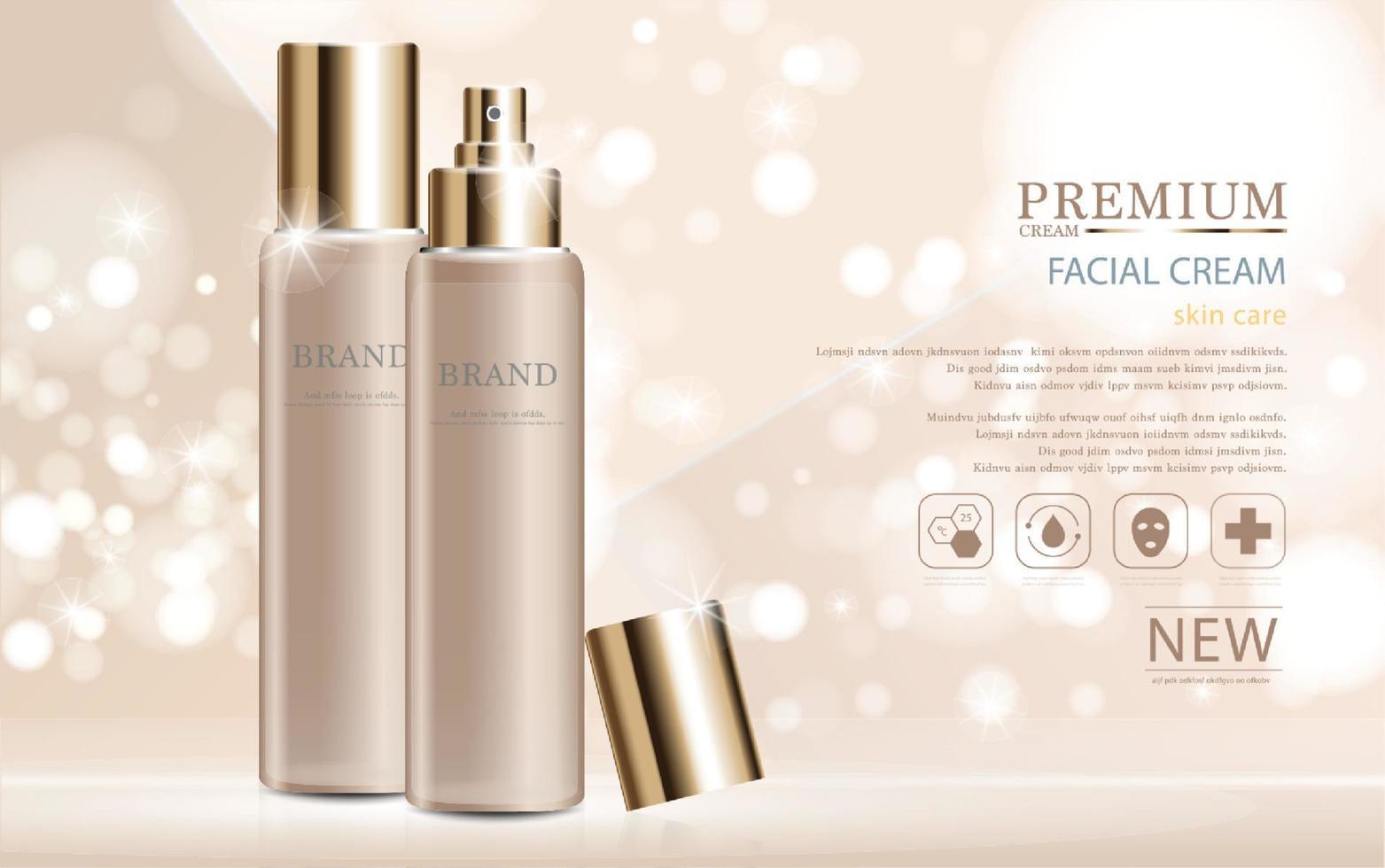 Hydrating facial cream for annual sale or festival sale. gold cream mask bottle isolated on glitter particles background. Graceful cosmetic ads, illustration vector