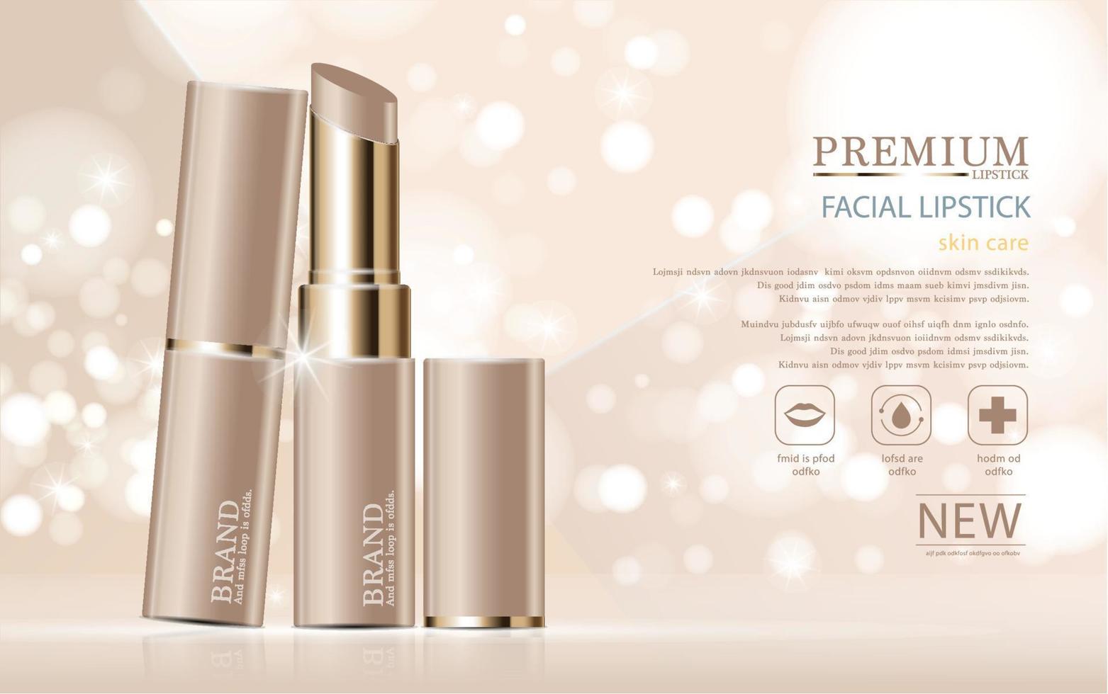 Hydrating facial lipstick for annual sale or festival sale. gold lipstick mask bottle isolated on glitter particles background. Banner graceful cosmetic ads, illustration vector