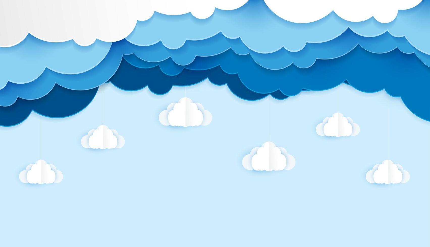 Beautiful fluffy blue clouds paper cut art style.  Place for text. vector design