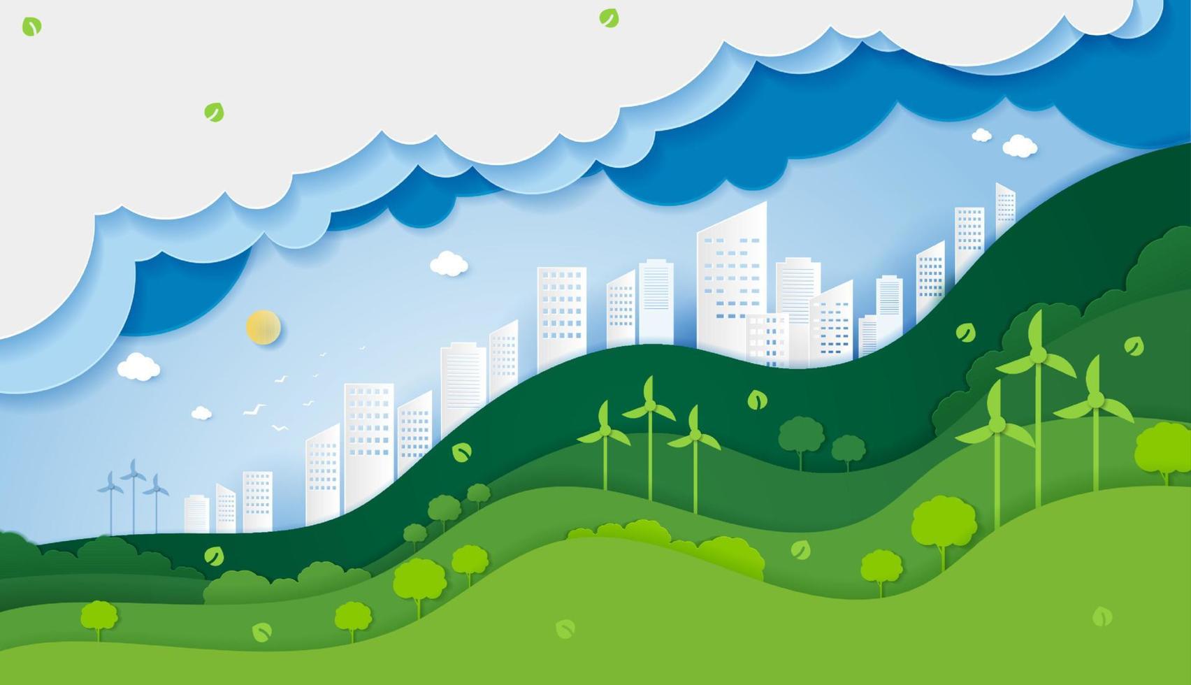 corte de papel del concepto de idea creativa de ecología y conservación del medio ambiente. estilo de arte de papel de fondo de paisaje de naturaleza y ciudad urbana ecológica verde. diseño vectorial vector