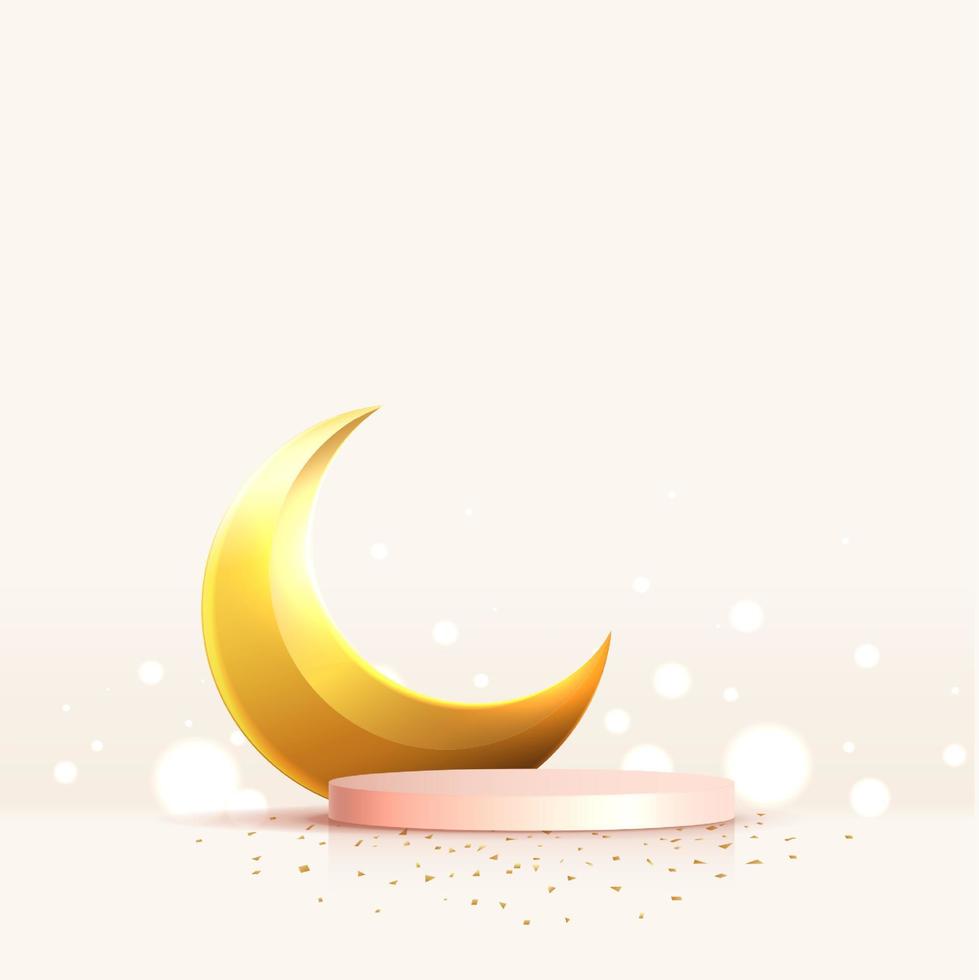 Islam theme product or cosmetic display purple background. mosque portal frame with podium and blank space. studio stage with golden crescent moon. vector design