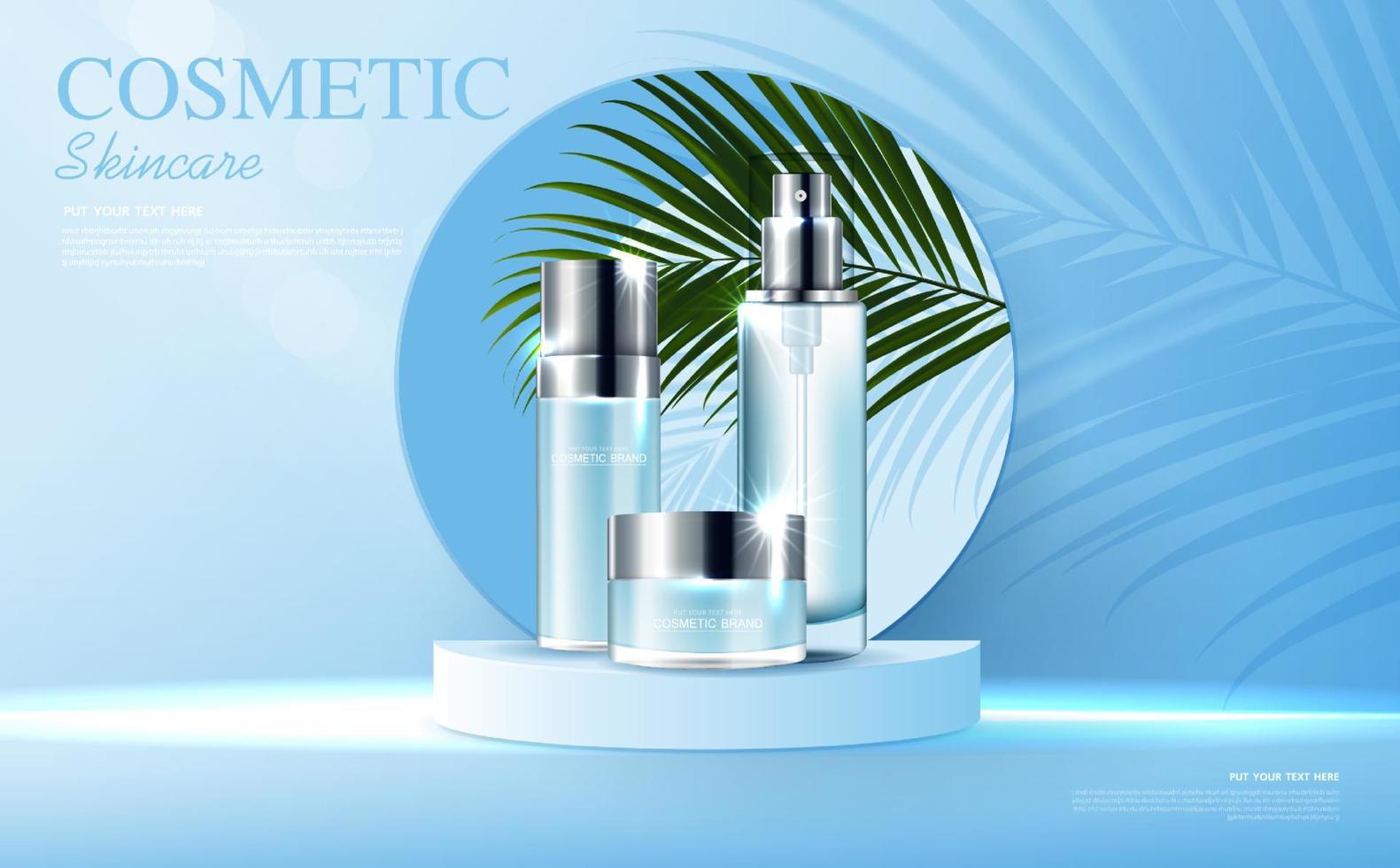 Cosmetics or skin care product ads with bottle, banner ad for beauty products , blue and leaf background glittering light effect. vector design