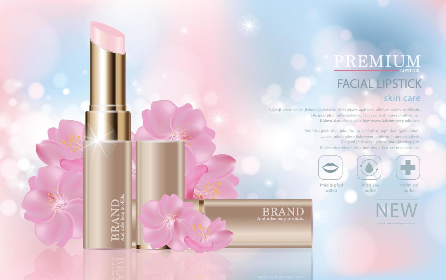Hydrating facial lipstick for annual sale or festival sale. gold lipstick mask bottle isolated on glitter particles background. Banner graceful cosmetic ads, illustration vector