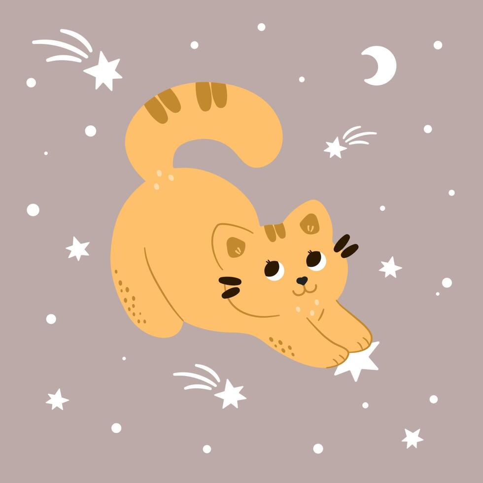 lindo gato rojo feliz se estira en las estrellas. ilustraciones infantiles. estilo de dibujos animados planos para baby shower, tienda de bebés, libros vector