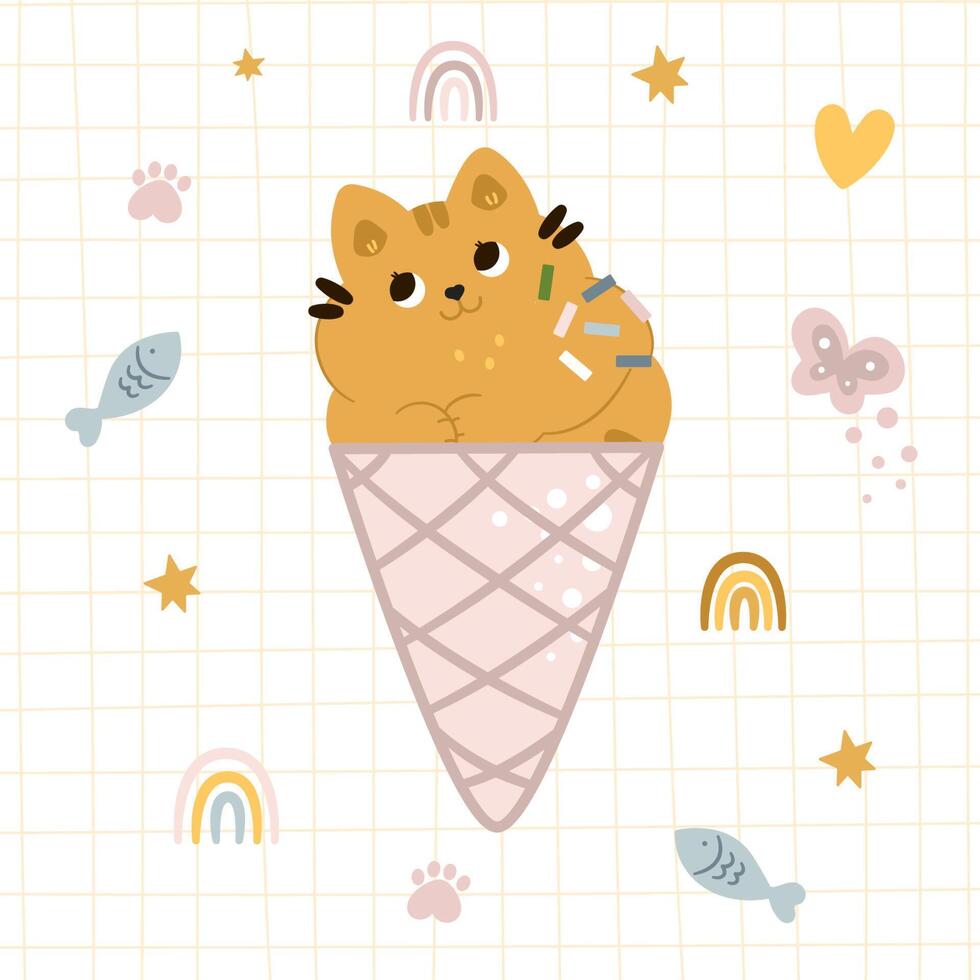 Kitten in ice cream. Hand drawn flat vector illustration, on trendy plaid background. Funny animal characters and indoor plants. Indoor plants and pets.