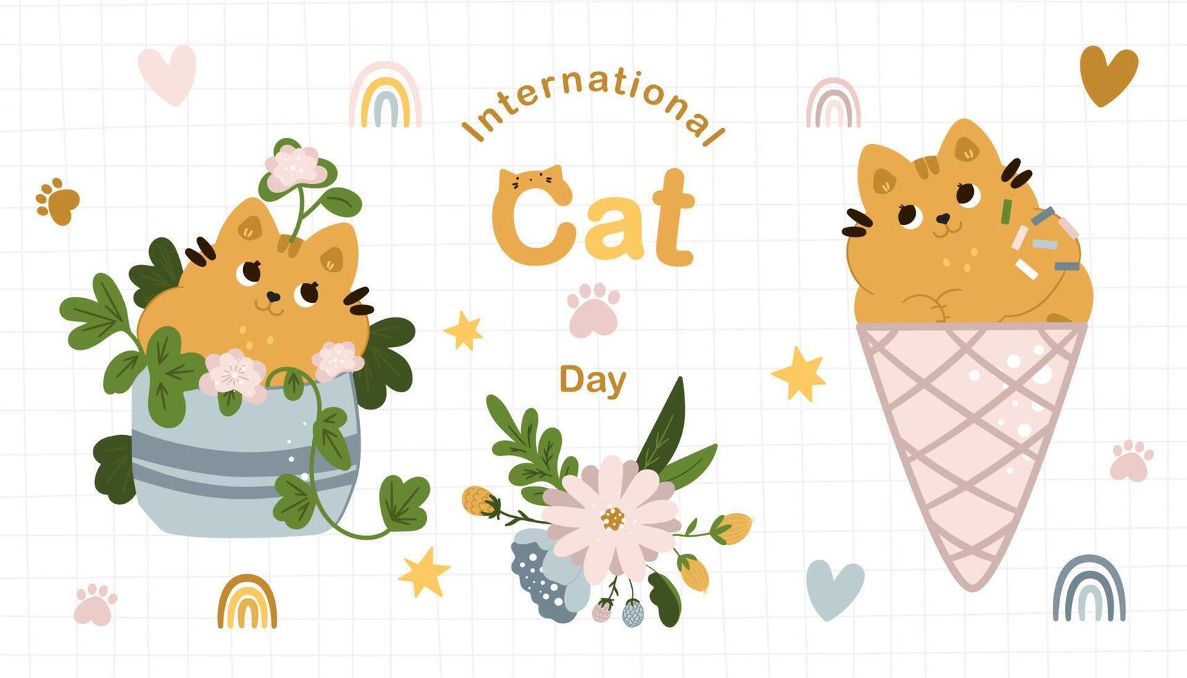 lindos gatos y divertido juego de vectores de garabatos de gatitos. feliz diseño de la colección del día internacional del gato con color plano en diferentes poses. un conjunto de mascotas adorables, sobre un fondo de moda.