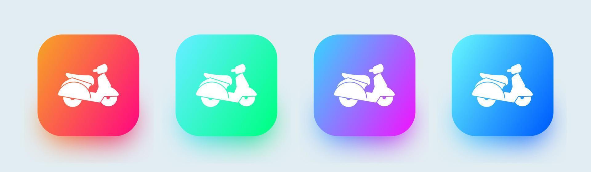 icono sólido de scooter en colores degradados cuadrados. Ilustración de vector de signos de motocicleta.