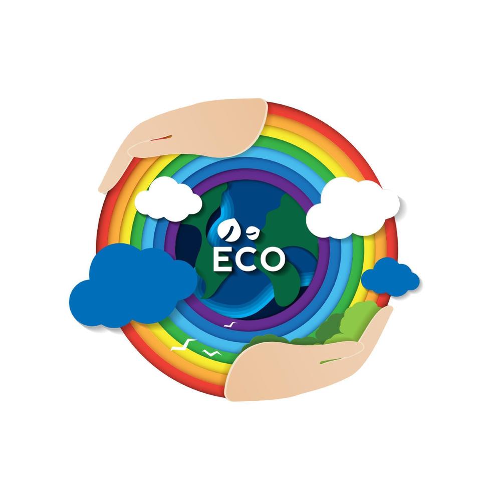 Paper cut concept of eco with hand and environment conservation. earth day and world environment day. vector design