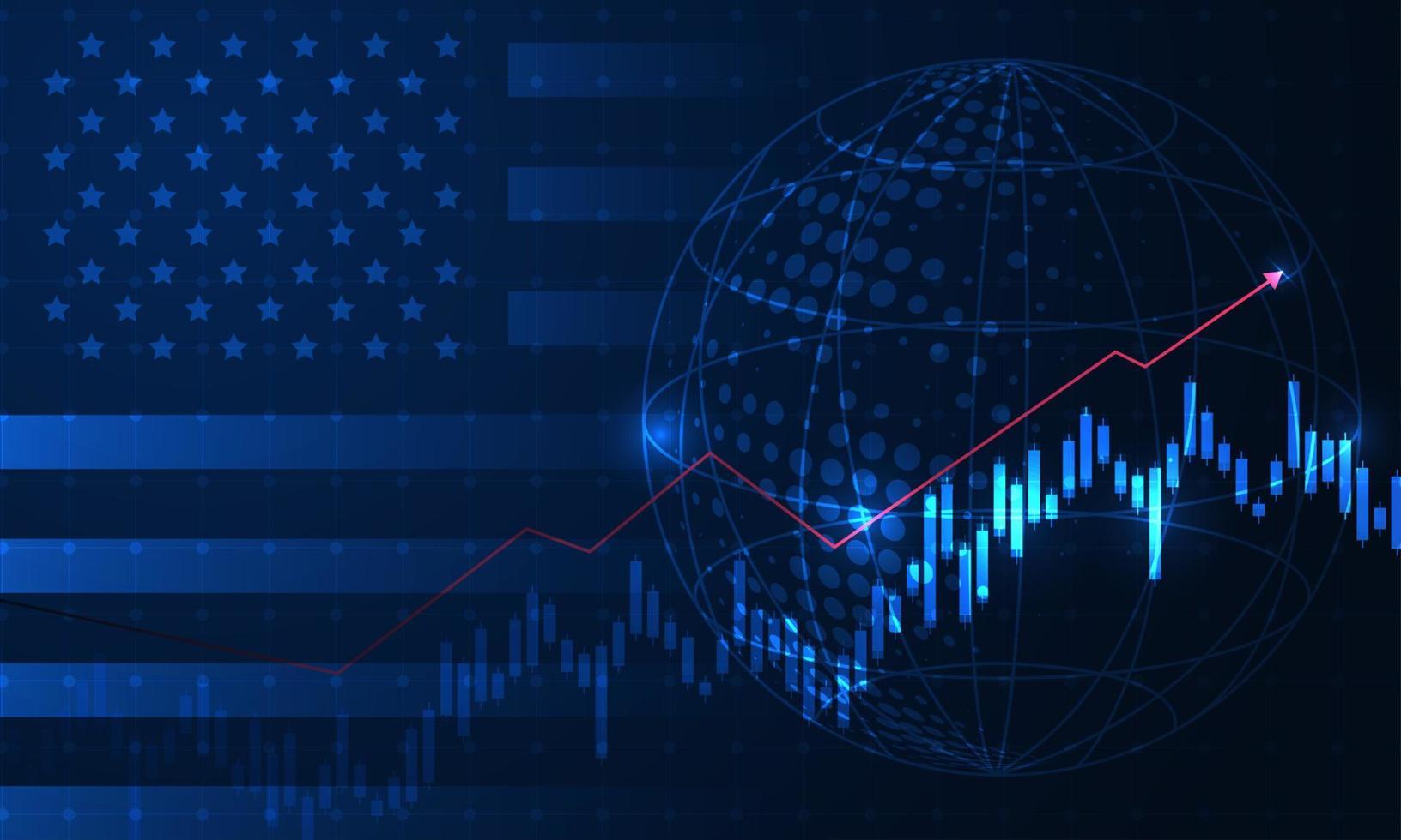Growing chart against the background of the USA America flag candlestick graph Stock market exchange and graph chart business finance money investment on display board. vector design