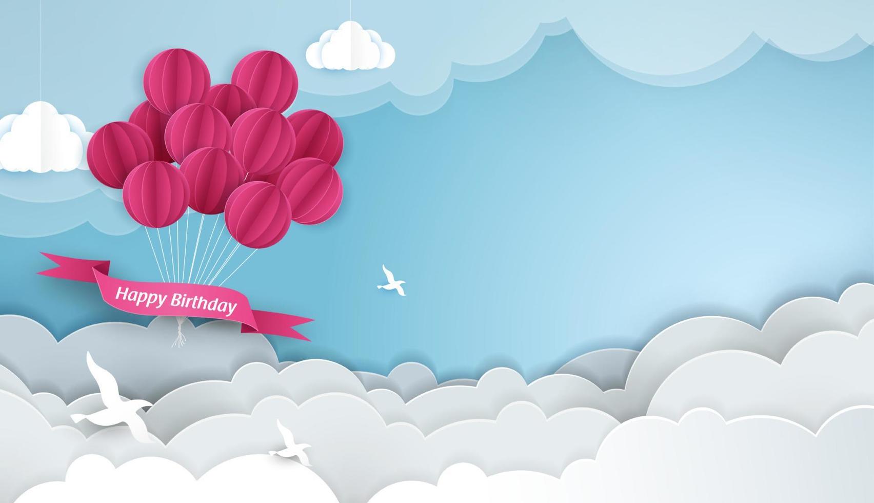 Paper art of birthday with balloon and cloud in the sky. can be used for Wallpaper, invitation, posters, banners. Vector design