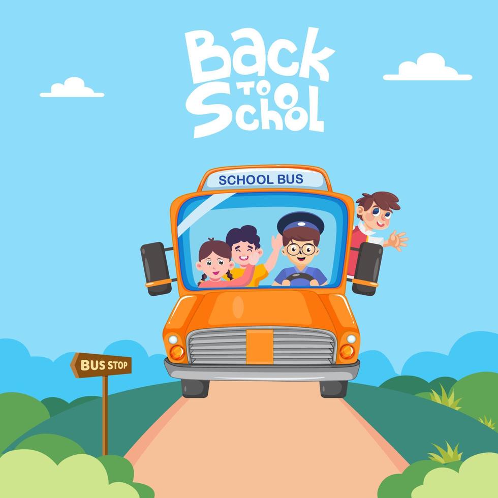 Back to school concept. Happy children will go to school by school bus. Flat vector illustration