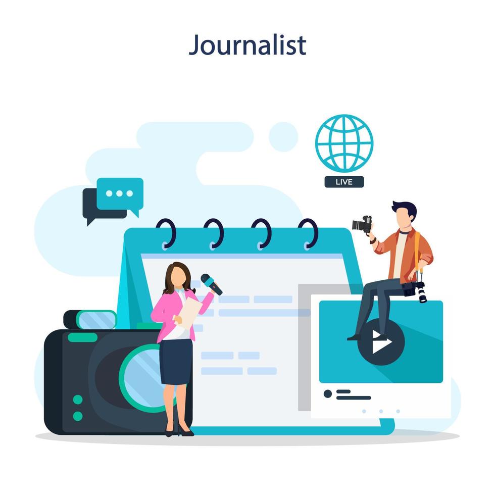 TV presenter concept. Television host in studio. Broadcaster speaking on camera, reporting news. Flat vector illustration