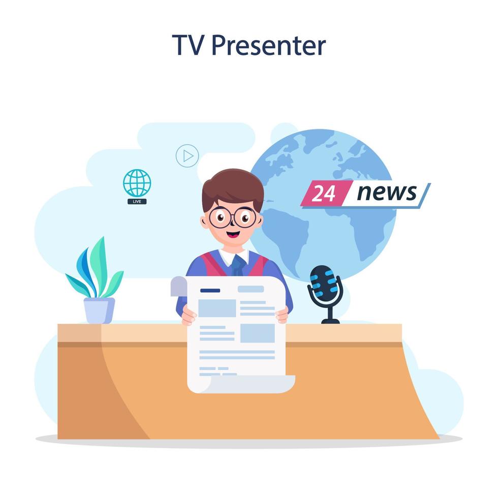 TV presenter concept. Television host in studio. Broadcaster speaking on camera, reporting news. Flat vector illustration