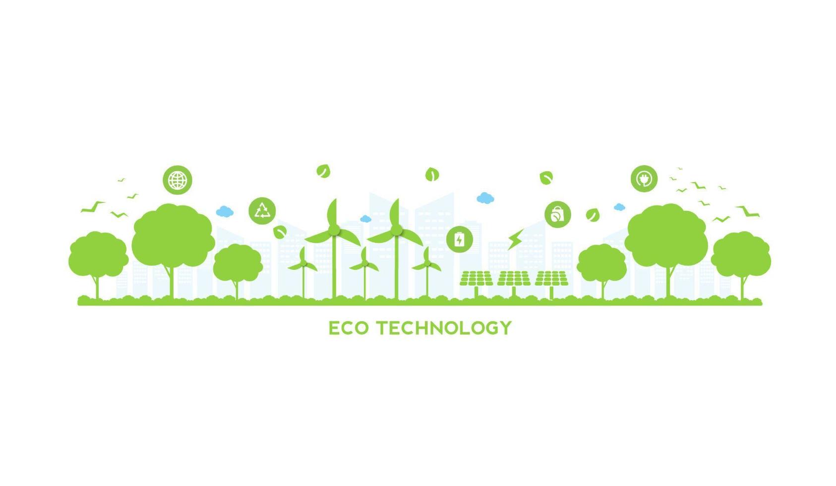 Eco technology or environmental concept modern green city and plant leaf growing inside.  Eco-friendly urban lifestyle with icons over the network connection. vector design