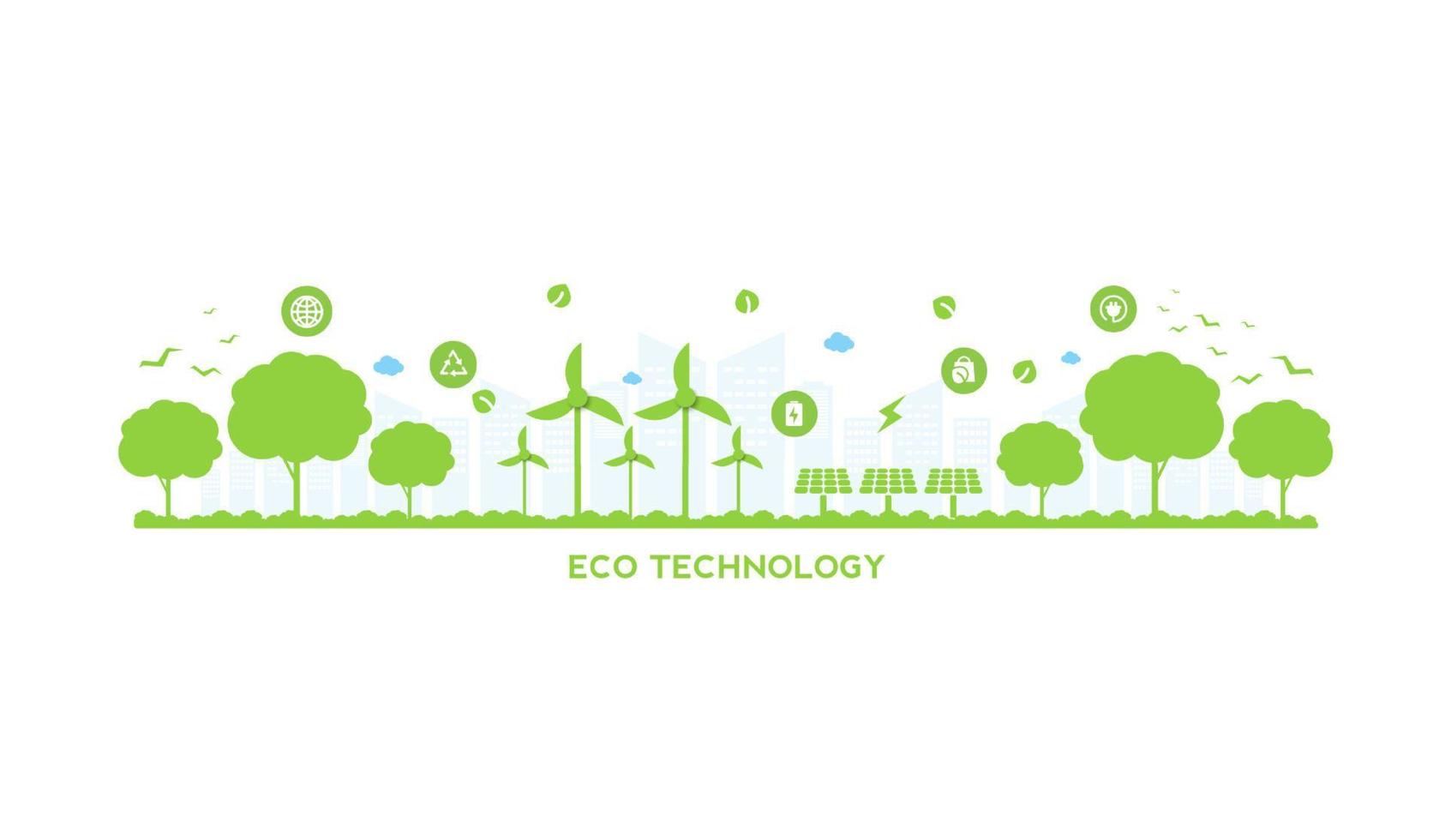 tecnología ecológica o concepto ambiental ciudad verde moderna y hojas de plantas que crecen en el interior. estilo de vida urbano ecológico con iconos a través de la conexión de red. diseño vectorial vector