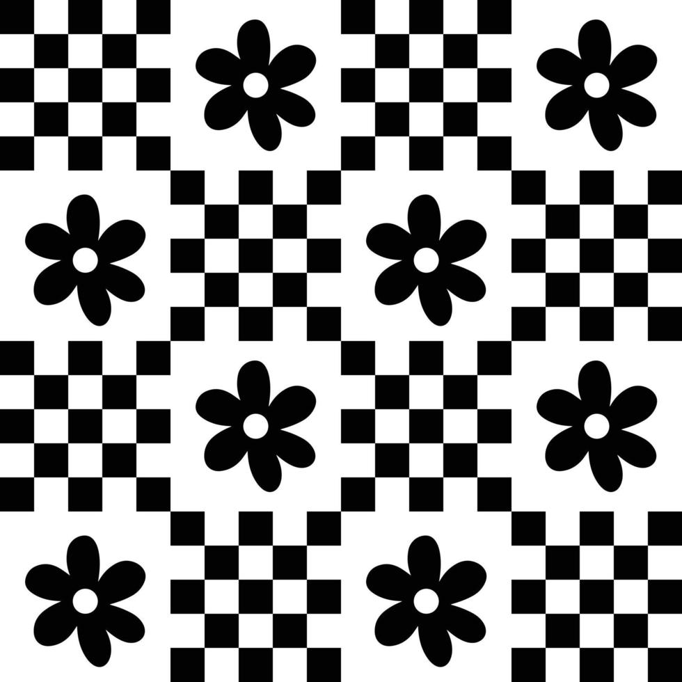 Cute patchwork floral seamless pattern background, black and white monochrome checkerboard and daisy backdrop. Modern, trendy vector design, aesthetic print for textile, wallpaper