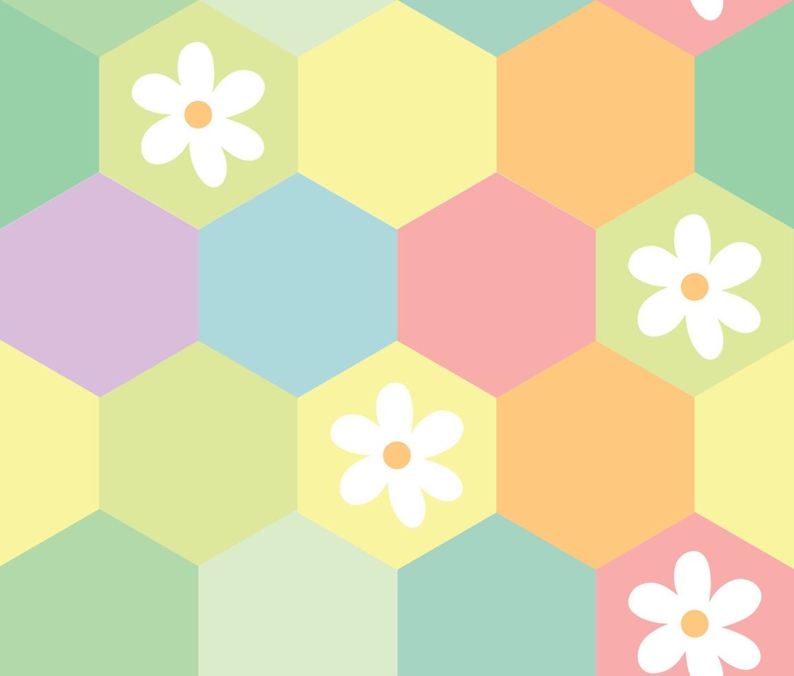 Pastel hexagon and daisy flower seamless pattern background design. Honey comb cute backdrop, wallpaper, texture, textile vector