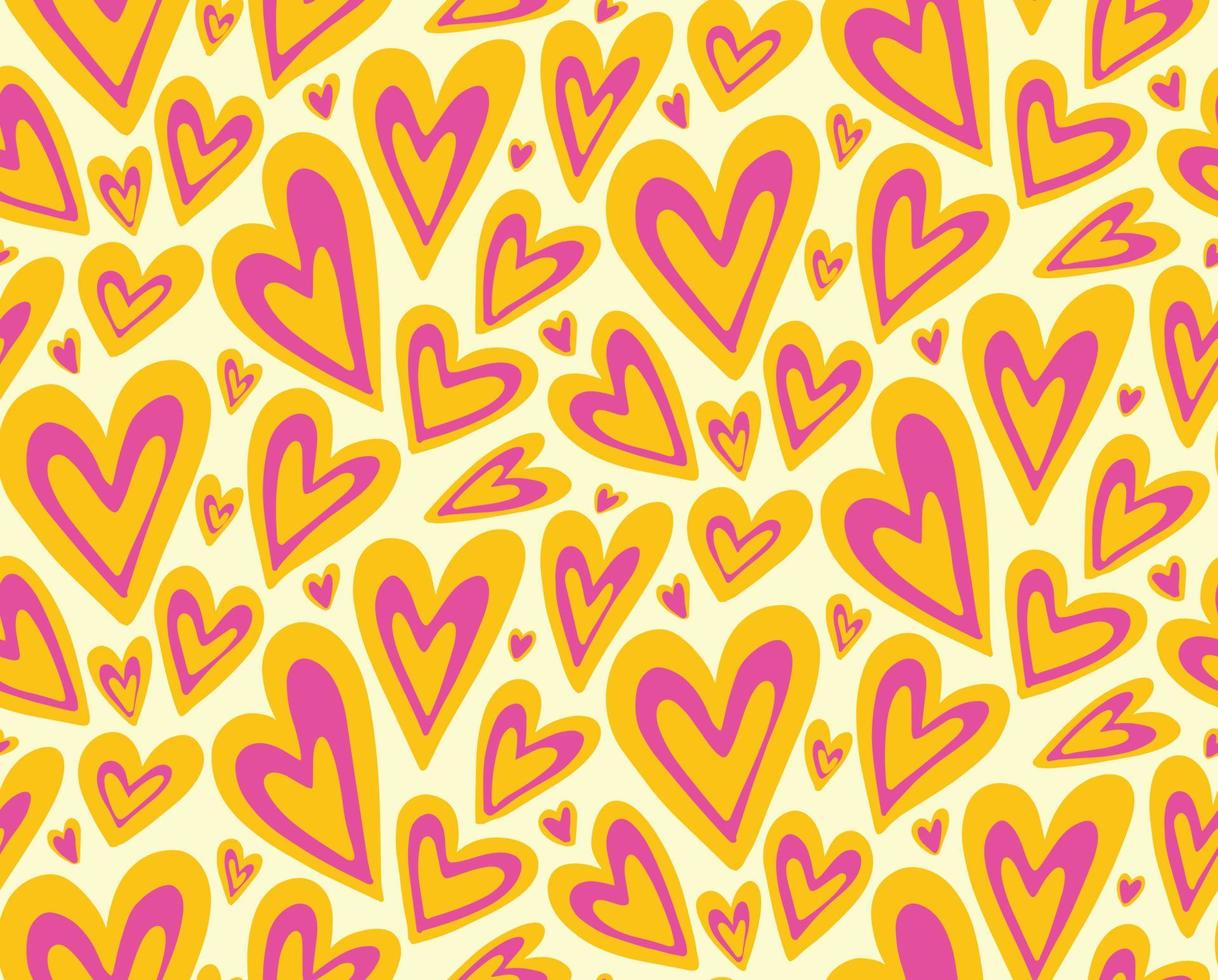 Groovy purple yellow hearts seamless pattern vector background. Retro hippie romantic repeat texture wallpaper, textile design.