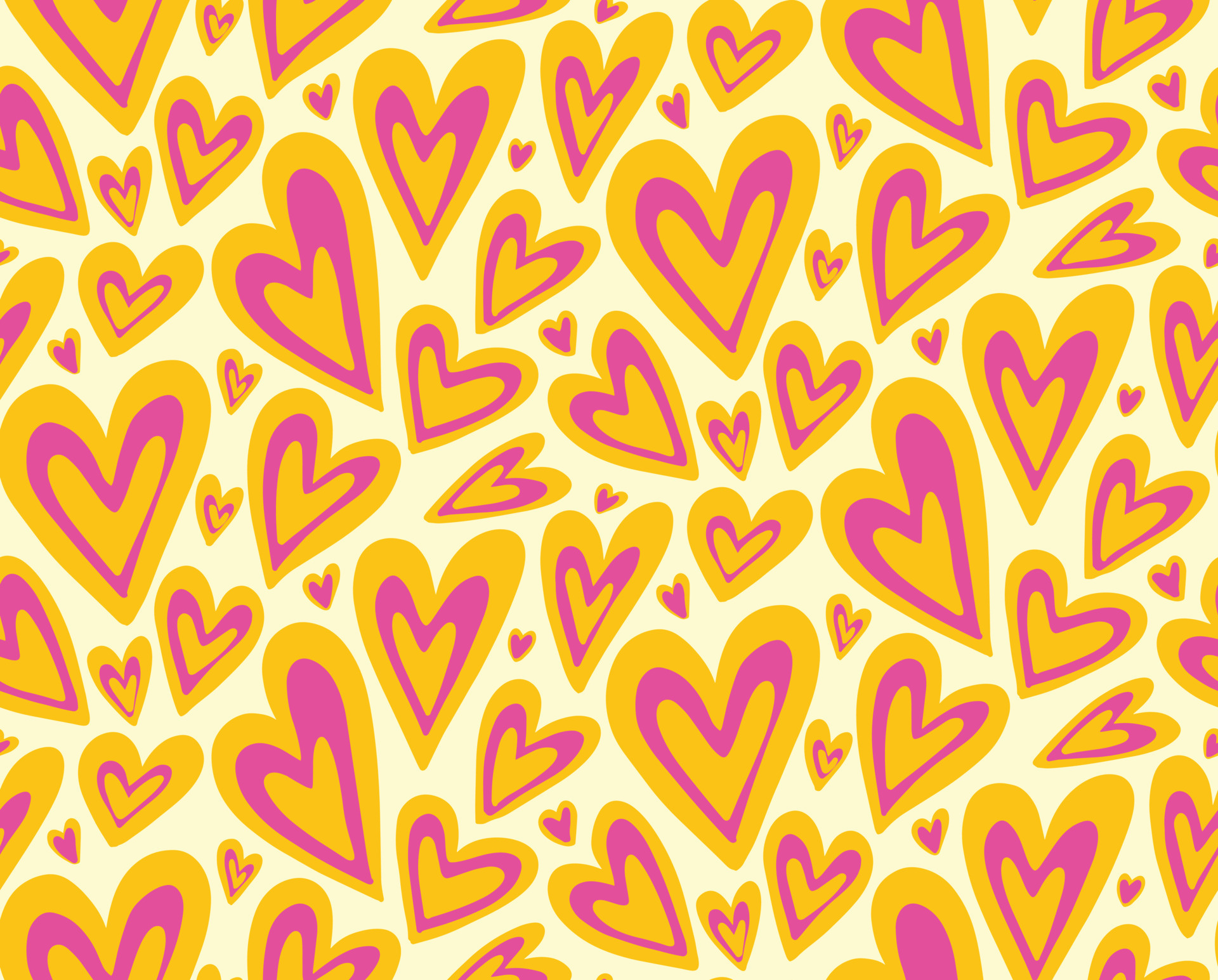 Groovy purple yellow hearts seamless pattern vector background. Retro