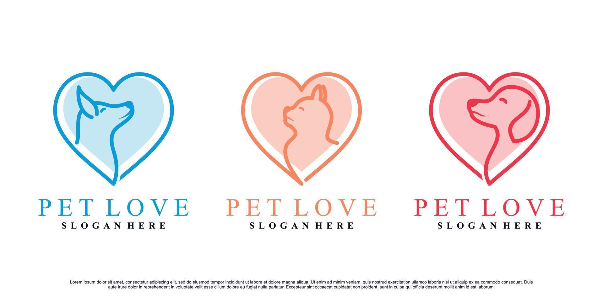 Dog and cat icon set logo design for pet care with love element concept Premium Vector