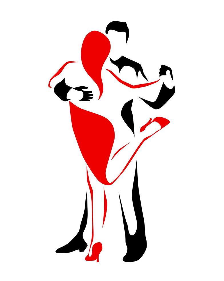 Vector illustration of couple dancing tango. Woman in red dress dancing argentine tango with man in suit. Poster or logo.